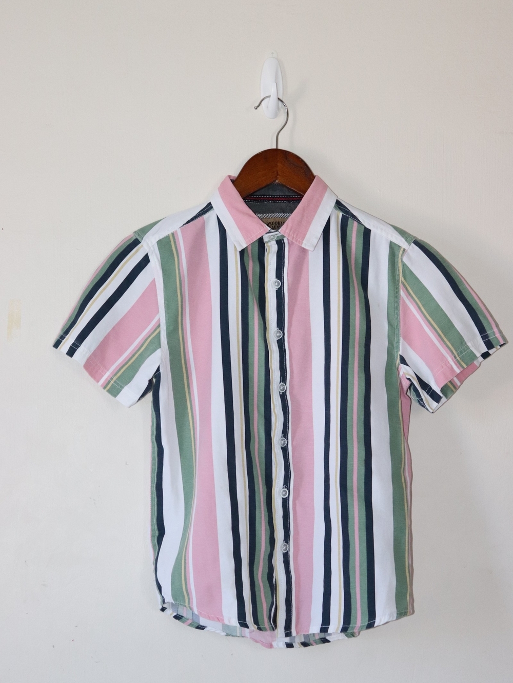 Boy's Short Sleeve Button-Up Shirt - Pink, Green & White Stripes